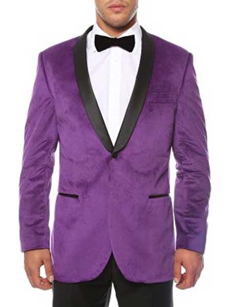 Purple Men's 1 Button Shawl Lapel Black Velvet Sheen Two Toned With Black Lapel Side Vented Slim Fit