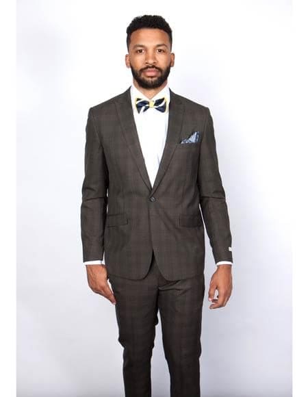 Men's Brown Plaid Slim Fit Suit by Rossiman Rossi â€“ Peak Lapel Jacket & Tapered Pants