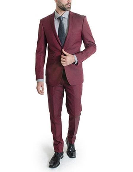 Men's Burgundy Two Button 65% Tetron 35% Viscose Slim Fit Burgundy Suit - AlbertoNardoniStore