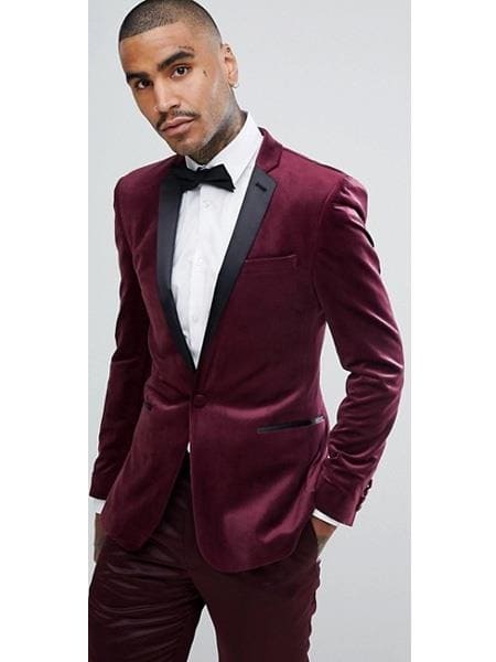 Men's Slim Fit Maroon Color ~ Maroon Suit ~ Black And Burgundy ~ Wine Tuxedo Velvet Fabric