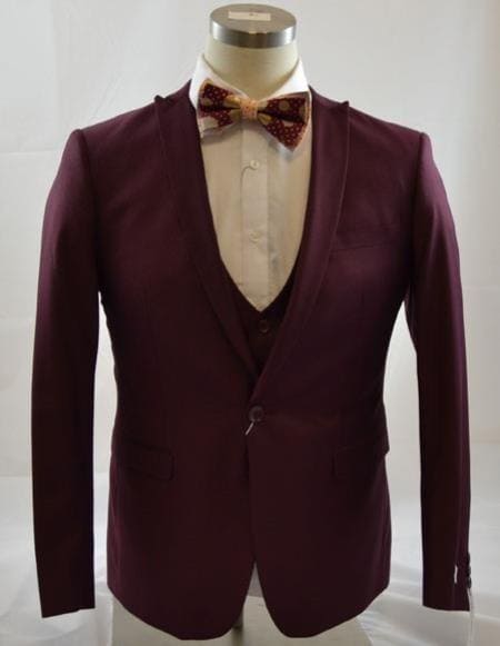 Men's Burgundy Two Button 65% Tetron 35% Viscose Slim Fit Burgundy Suit - AlbertoNardoniStore