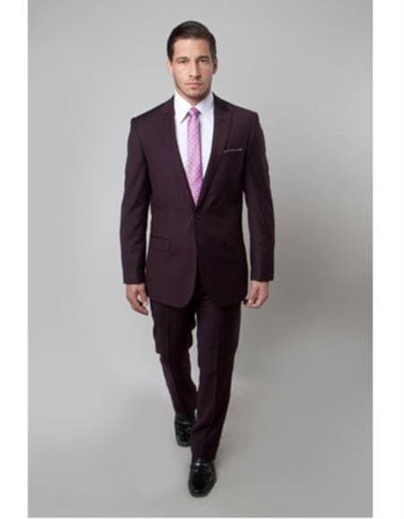 Men's Burgundy Two Button 65% Tetron 35% Viscose Slim Fit Burgundy Suit - AlbertoNardoniStore