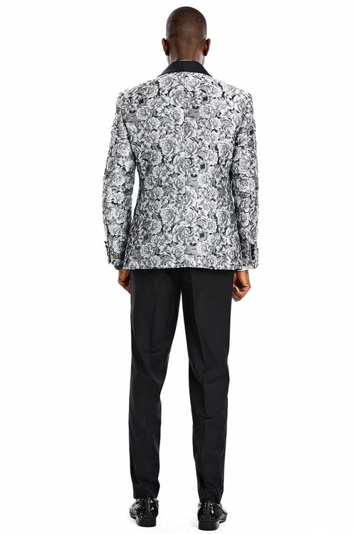 Mens One Button Skinny Fit Paisley Floral Vested Prom Tuxedo in Silver and Black