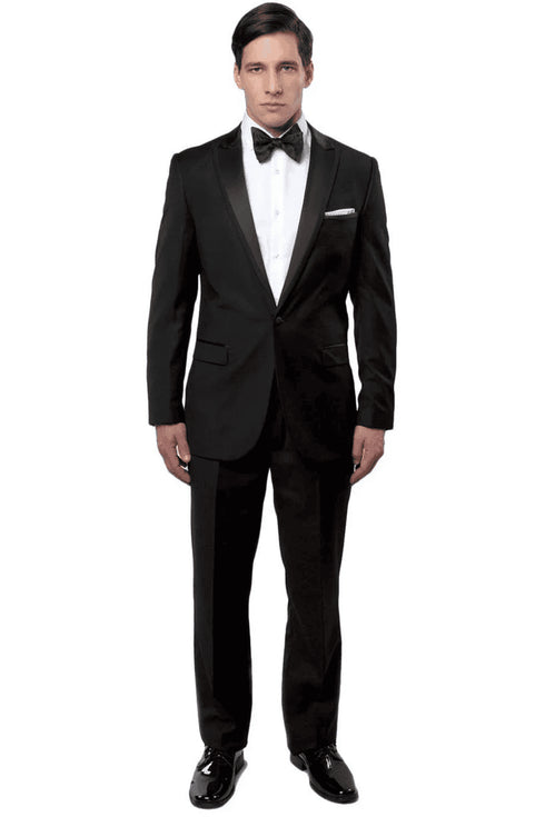 Men's Slim Fit One Button Satin Trim Peak Lapel Prom & Wedding Tuxedo In Black