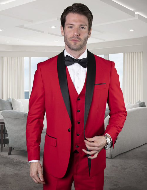 Red wool one-button modern fit tuxedo with shawl lapel and black detailing. Includes a red vest and matching trousers. Perfect for a modern, stylish look.

