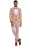 Men's pink paisley tuxedo with shawl lapel. Fitted, textured jacket with floral pattern and satin lapel. Matching light pink trousers. Decorative closure.
