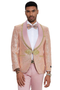Men's shiny pink paisley tuxedo with shawl lapel. Features gold detailing, including buttons. Matching bow tie. Paired with light pants.

