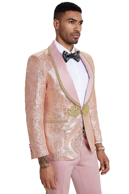 Men's one-button tuxedo with pink paisley and light pink satin lapel/trim. Gold detailing. Features two front pockets. A striking, formal look.
