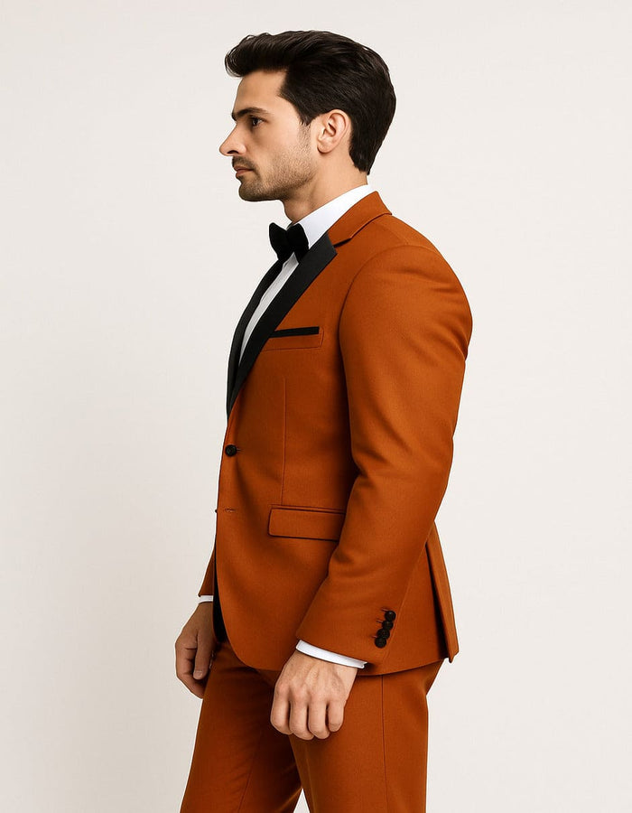 Men's Burnt Orange Tuxedo Suit 3-Piece Slim Fit with Black Satin Shawl Lapel