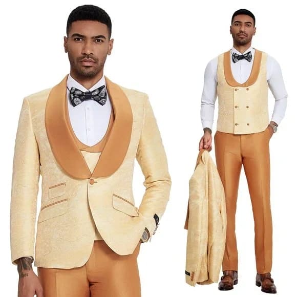 2026 Prom Special Orange Tuxedo Suit w/ Double-Breasted Vest by Tazzio