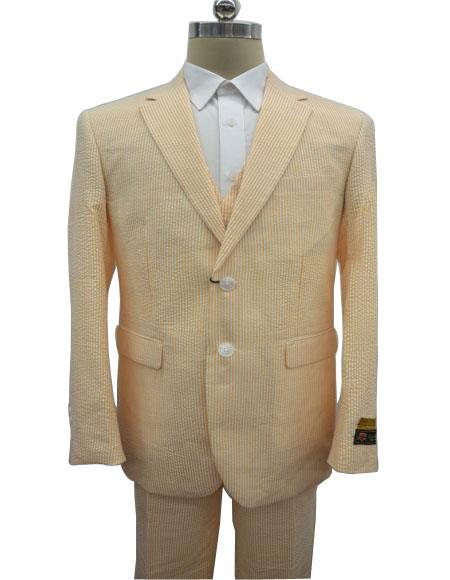 Men's Notch Label Orange Colour Summer Seersucker Fabric Vested 3 Piece Suit