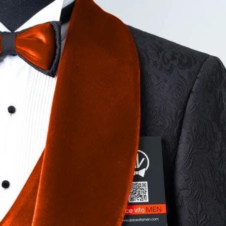 Mens Black With Orange Velvet Lapel 3-Piece Tailored-Fit Tuxedo