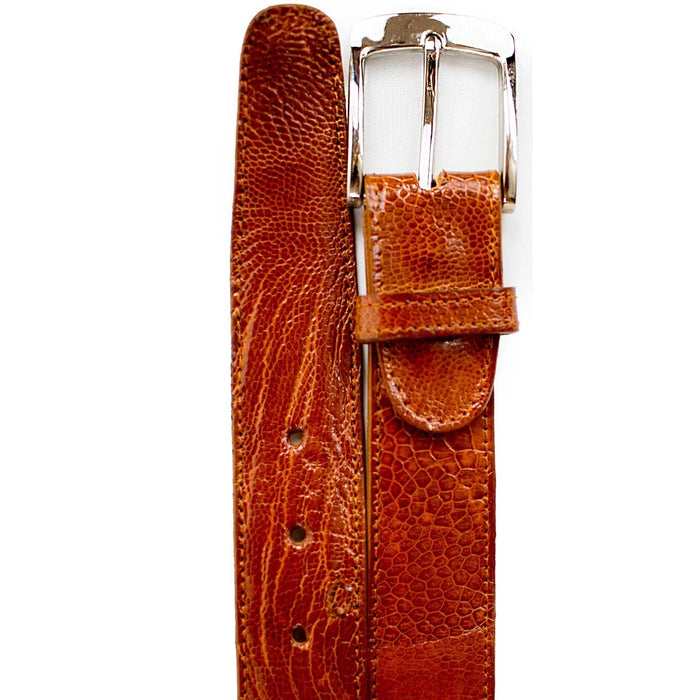 Men's Belvedere dress belt crafted from genuine ostrich leg leather in burned amber. Features textured surface, smooth edges, and a metal buckle. Standard length.
