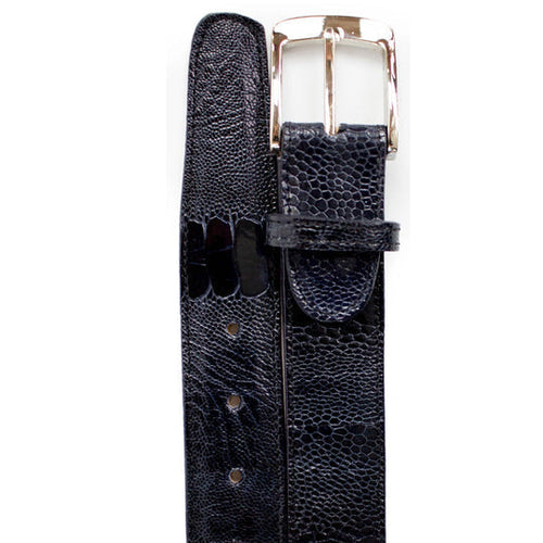 Navy blue men's dress belt by Belvedere, crafted from genuine ostrich leg leather. Slim, smooth design with textured pattern. Features a silver rectangular buckle and leather keeper.
