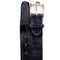Navy blue men's dress belt by Belvedere, crafted from genuine ostrich leg leather. Slim, smooth design with textured pattern. Features a silver rectangular buckle and leather keeper.
