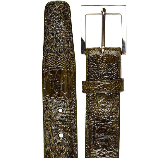 Men's olive green Belvedere dress belt crafted from genuine ostrich leg leather. Features textured pattern, shiny silver buckle, and keeper.
