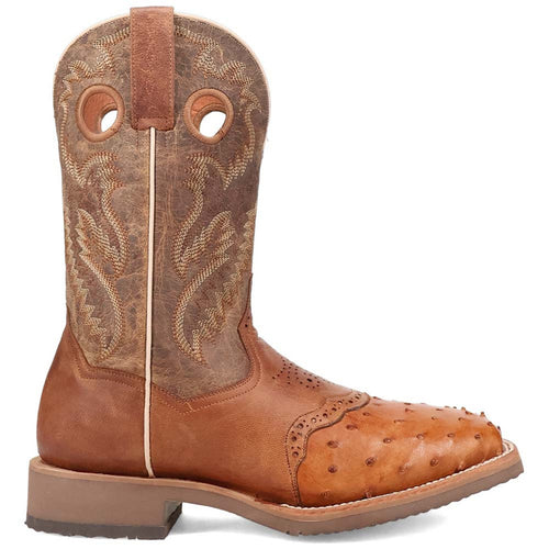 Dan Post Martel boots: Tan brown ostrich leather toe & brown embroidered leather shaft. Pull holes for easy wear. Slightly squared heel with rubber sole for grip.
