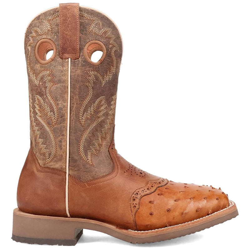 Dan Post Martel boots: Tan brown ostrich leather toe & brown embroidered leather shaft. Pull holes for easy wear. Slightly squared heel with rubber sole for grip.
