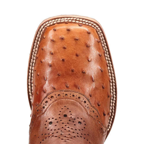 Dan Post Martel boots: Tan brown ostrich leather, rounded toe, and vamp with signature bumps. Smooth upper with decorative perforations. Visible outsole stitching completes the Western design.
