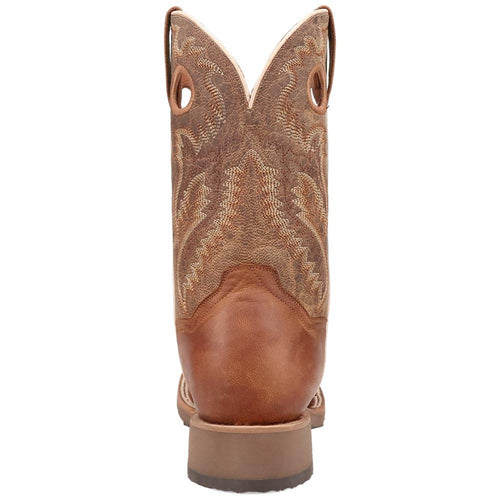 Dan Post Martel boots: Tan brown ostrich leather. Tall shaft with V-cutout & pull tabs. Textured upper, smooth lower. Stacked heel, rounded toe. Classic Western style.
