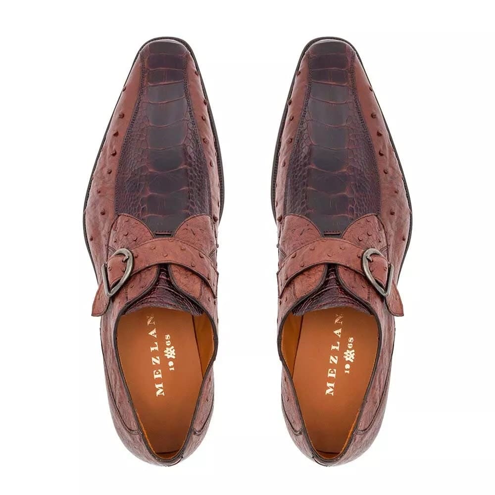 Mezlan Men's Genuine Full Quill Ostrich Leg Monk Strap Brown Shoes