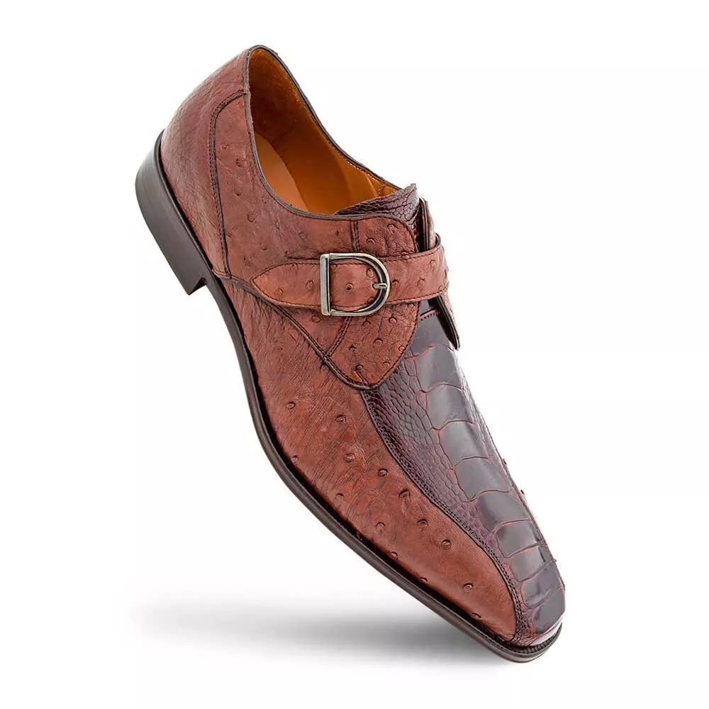 Mezlan Men's Genuine Full Quill Ostrich Leg Monk Strap Brown Shoes
