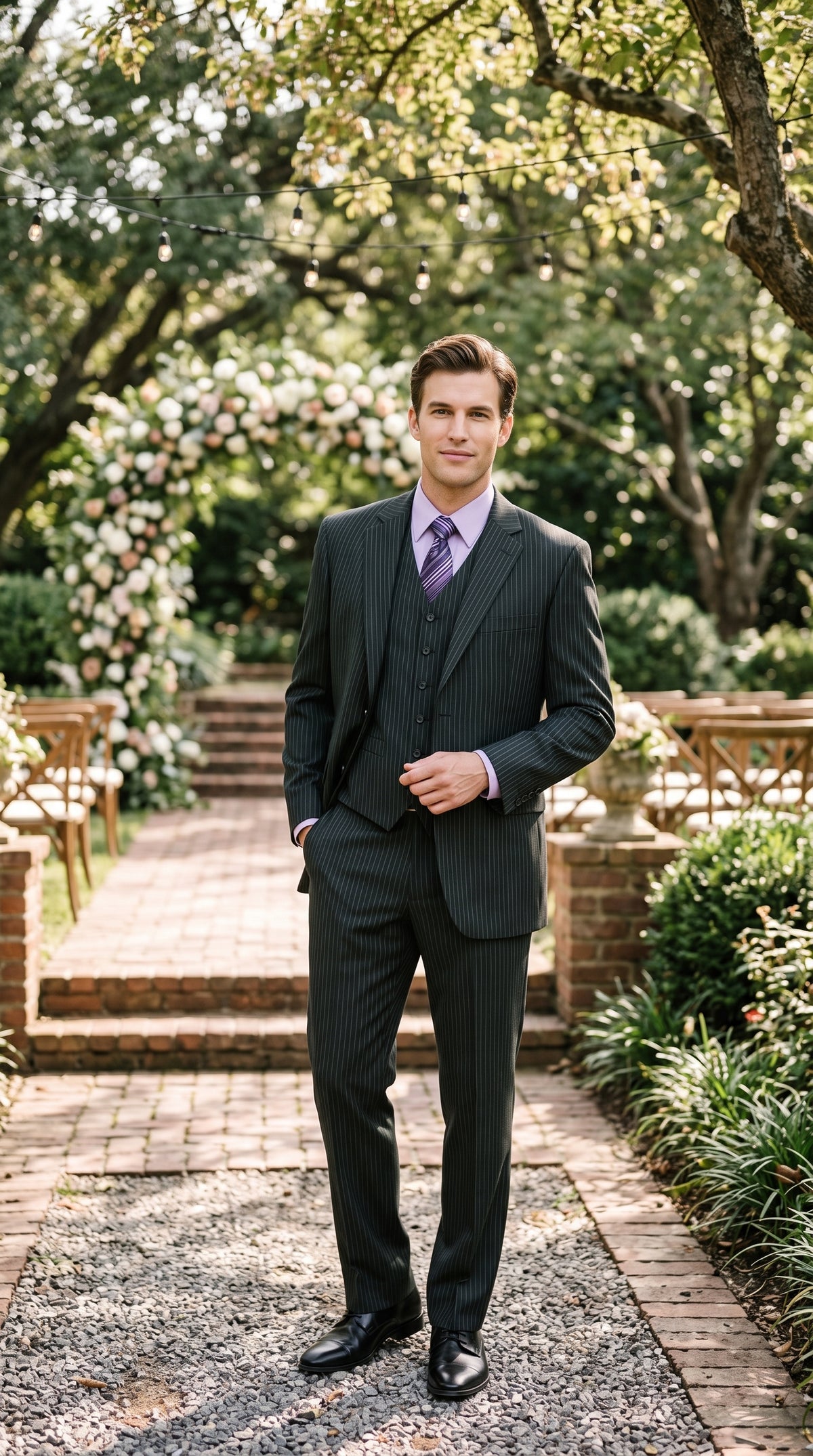 Men’s Black Pinstripe 3 Piece Suit, Vested 2 Button Formal Wedding Business Suit