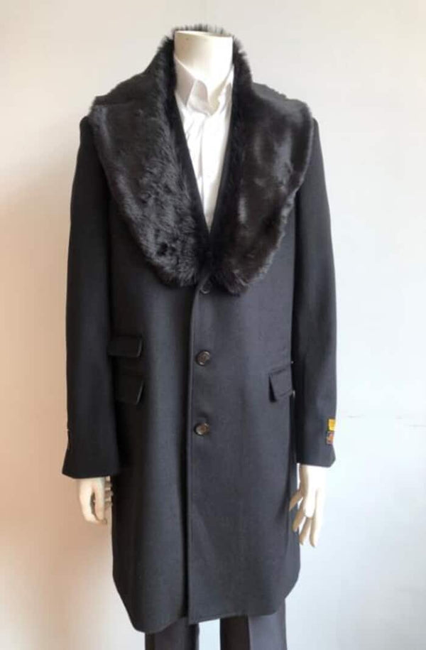 Mens Black Overcoat - Long Jacket Ticket Pocket Designer Peacoat Sale ~ Wool Men's Car Coat Mid Length Three quarter length coat ~ Overcoat With Fur Collar Black