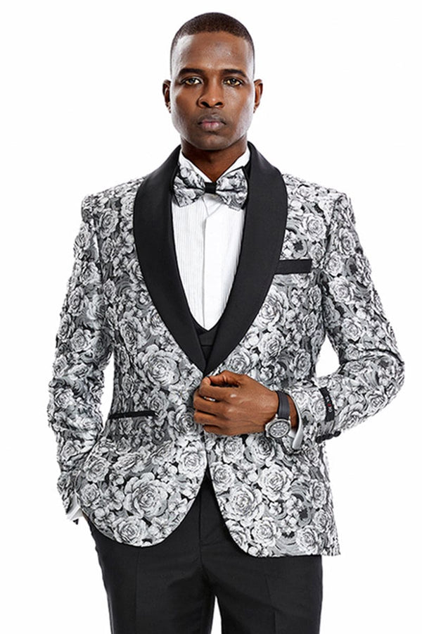 "Silver Men's Slim Fit Paisley Floral Prom 2025 Tuxedo - One Button Vested"