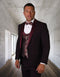 Burgundy one-button shawl tuxedo with matching shawl collar. Includes paisley burgundy vest, white dress shirt, and bow tie.
