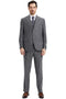 Men's Stacy Adams grey herringbone tweed suit. Vintage style with a two-button blazer, notched lapels, vest, and matching trousers. Classic herringbone pattern and medium grey color.
