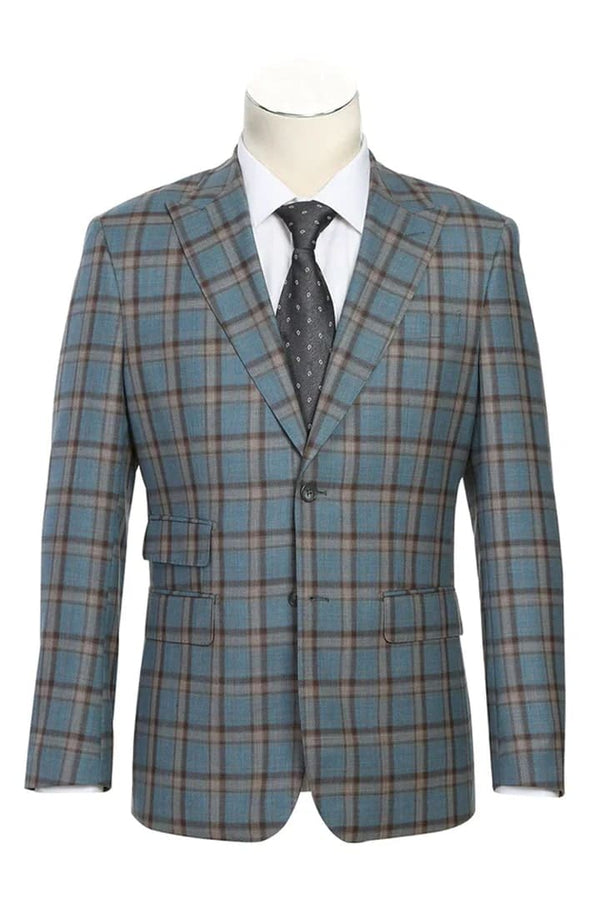 Mens Plaid Suit - Patterned Business Suit - Mens Designer Two Button Slim Fit Peak Lapel Wool Suit In Grey & Bronze Windowpane Plaid Check