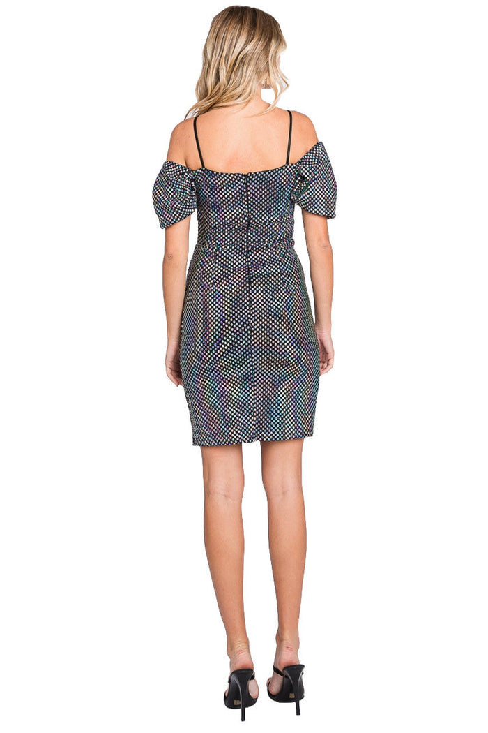Off Shoulder Metallic Nylon Fitted Puff Sleeve Cocktail Dress by Perrty 3074