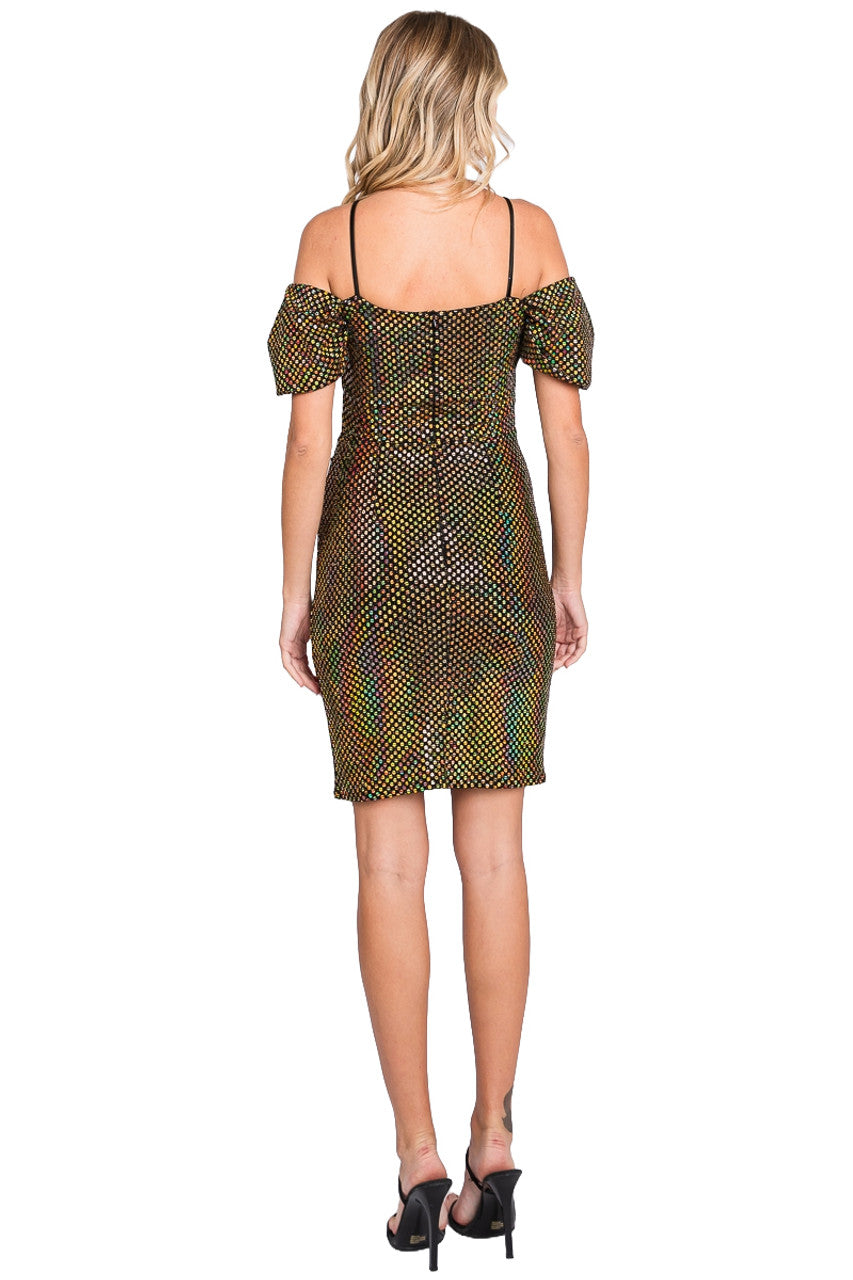 Off Shoulder Metallic Nylon Fitted Puff Sleeve Cocktail Dress by Perrty 3074