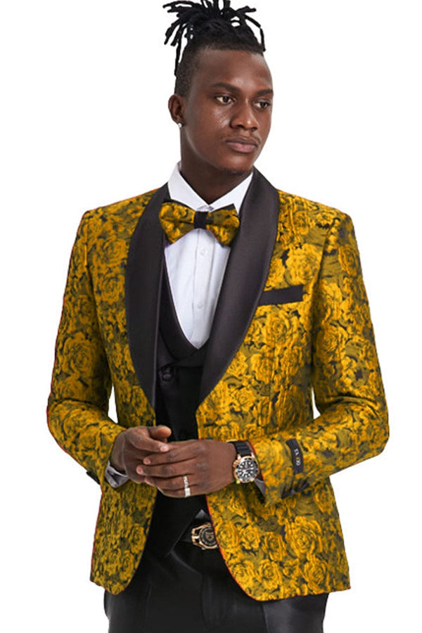 "Gold Paisley Floral Men's Slim Fit Prom 2025 Tuxedo - One Button Vested"