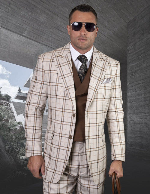 Tan wool men's suit with brown windowpane. Features peak lapels, two buttons, and a vest. Tailored fit, visible woven wool.

