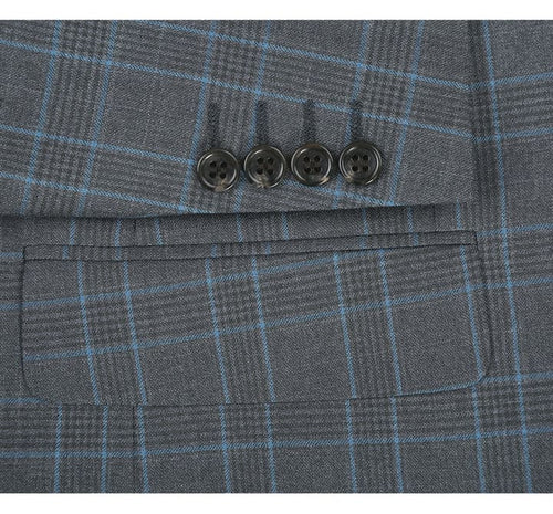 Mens Plaid Suit - Patterned Business Suit - Mens Two Button Classic Fit Two Piece Suit In Grey & Blue Windowpane Plaid