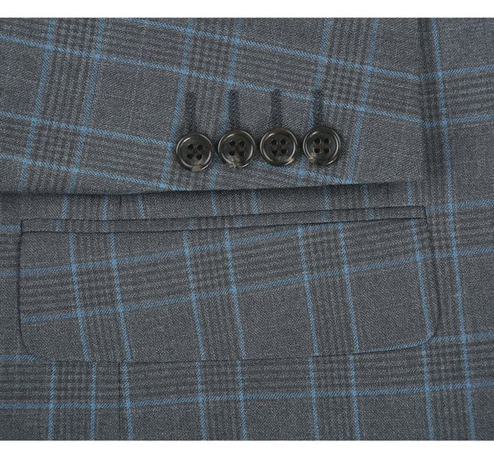 Mens Plaid Suit - Patterned Business Suit - Mens Two Button Classic Fit Two Piece Suit In Grey & Blue Windowpane Plaid