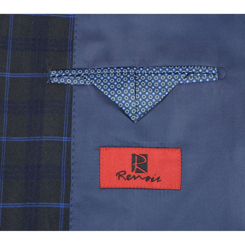 Mens Plaid Suit - Patterned Business Suit - Mens Slim Fit Two Button Suit In Dark Blue Wide Windowpane Plaid