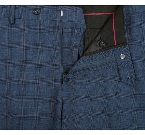 Mens Plaid Suit - Patterned Business Suit - Mens Two Button Classic Fit Vested Suit In Navy Blue Windowpane Plaid