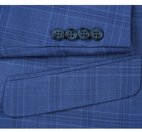 Mens Plaid Suit - Patterned Business Suit - Mens Two Button Slim Fit Two Piece Suit In Light Blue Windowpane Plaid