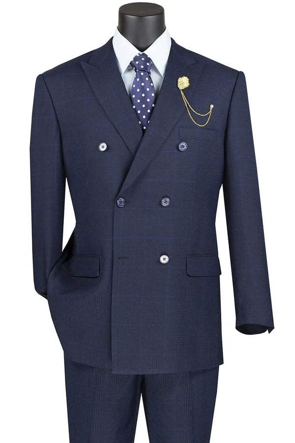 Mens Plaid Suit - Patterned Business Suit -Mens Double Breasted Windowpane Plaid Suit In Navy Blue