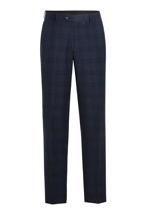 Mens Plaid Suit - Patterned Business Suit - Mens Two Button Slim Fit Two Piece Hack Pocket Stretch Suit In Navy Blue Windowpane Plaid