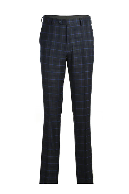 Mens Plaid Suit - Patterned Business Suit - Mens Slim Fit Two Button Suit In Dark Blue Wide Windowpane Plaid