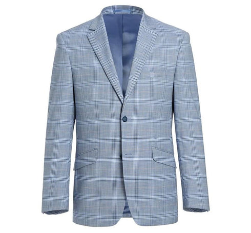 Mens Plaid Suit - Patterned Business Suit - Mens Two Button Slim Fit Two Piece Suit In Sky Blue Windowpane Plaid