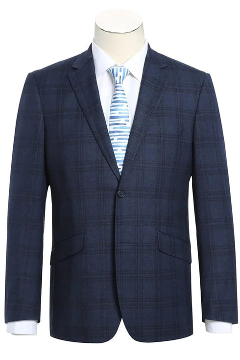 Mens Plaid Suit - Patterned Business Suit - Mens Two Button Slim Fit Two Piece Hack Pocket Stretch Suit In Navy Blue Windowpane Plaid