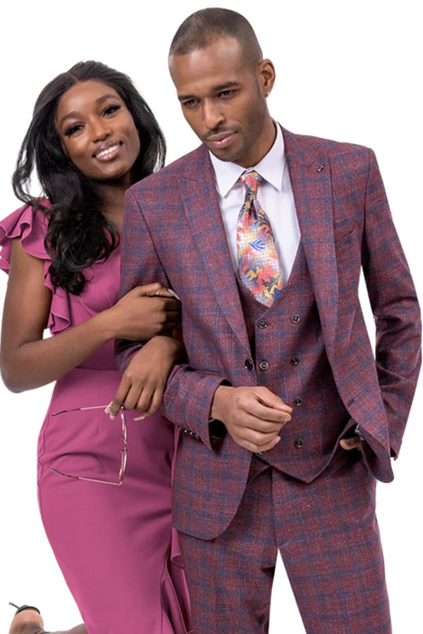 Mens Plaid Suit - Patterned Business Suit - Mens Two Button Peak Lapel Vested Fashion Suit In Burgundy Windowpane Plaid