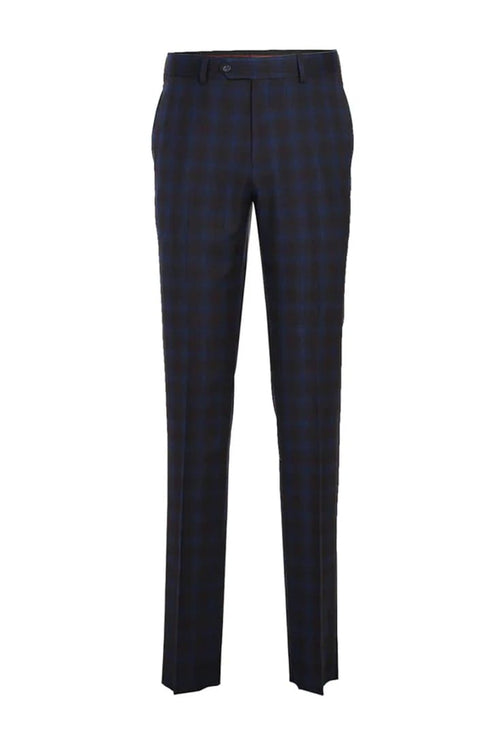 Mens Plaid Suit - Patterned Business Suit - Mens Designer Two Button Slim Fit Peak Lapel Suit In Navy Blue & Burgundy Windowpane Plaid Check