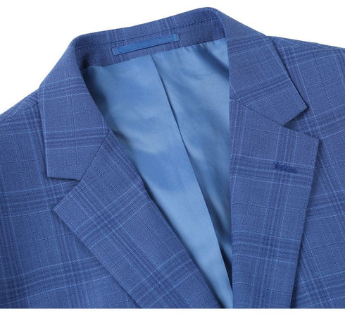 Mens Plaid Suit - Patterned Business Suit - Mens Two Button Slim Fit Two Piece Suit In Light Blue Windowpane Plaid