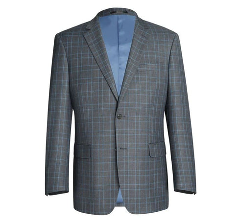 Mens Plaid Suit - Patterned Business Suit - Mens Two Button Classic Fit Two Piece Suit In Grey & Blue Windowpane Plaid